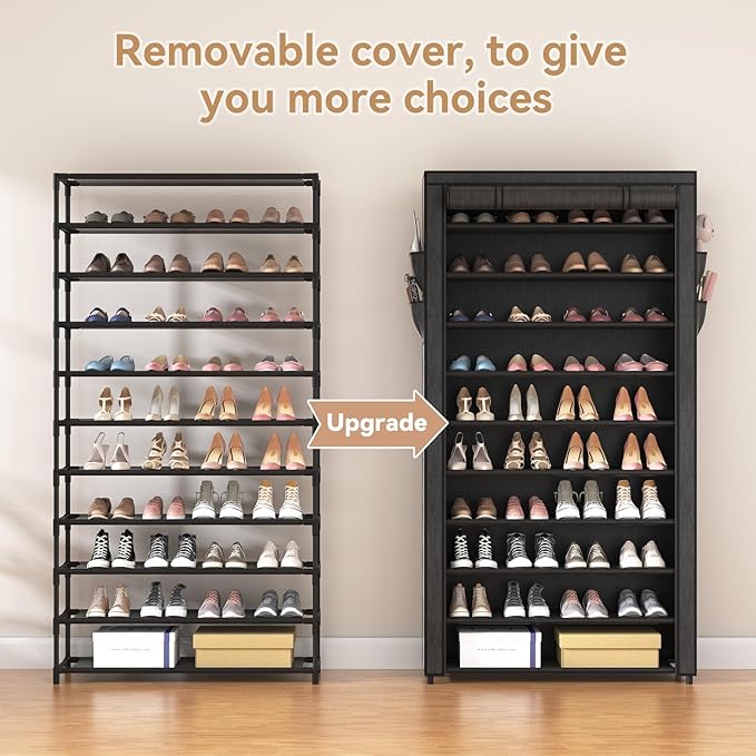 ROJASOP 10 Tier Shoe Rack with Covers,Large Capacity Stackable Tall Shoe Shelf Storage to 50-55 Pairs Shoes and Boots Sturdy Metal Free Standing Shoe Rack Organizer for Closet Entryway Garage
