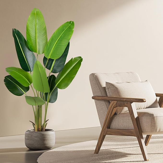 Artificial Bird of Paradise Plant 5.2Ft Fake Tropical Palm Tree with 10Trunks Faux Banana Leaf Trees in Pot for Home Indoor Outdoor Office Modern Decor Housewarming Gift（2Pcs）