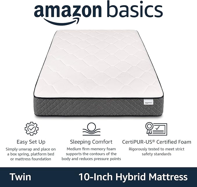 Amazon Basics Memory Foam Mattress, Twin Size Mattress, Hybrid, 10-Inch, Medium Feel, Motion Isolation Springs, White/Gray