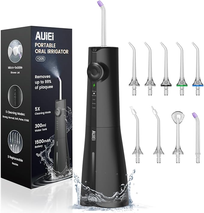 AUIEI Water Flosser Teeth Pick: 9 Jet Tips Cordless Oral Irrigator with 300ML, 5 Modes Portable Power Dental Flossers, IPX7 Waterproof Rechargeable Electric Waterflosser Machine for Home Travel, Black
