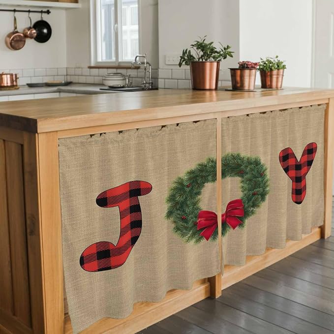 Red Green Christmas Kitchen Tier Curtains 36 Inch Long 2 Panel Set, Rod Pocket