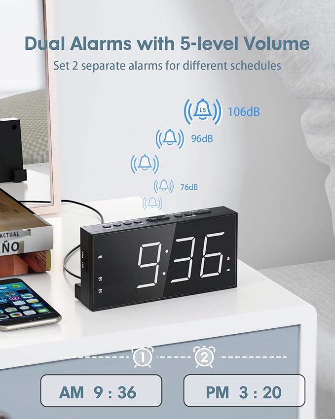 Loud Alarm Clock with Bed Shaker for Heavy Sleeper, Dual Vibrating Alarm Clock with USB Charger for Hard of Hearing/Deaf, 7.5’’ Large LED Display with Dimmer, Snooze, 12/24H & Battery Backup