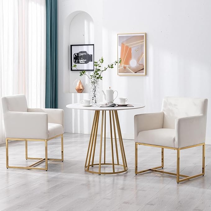 Upholstered Dining Chairs with Arms Set of 6 Mid Century Modern Accent Chairs Armchairs with Gold Metal Frame, Velvet Modern Kitchen & Dining Room Chairs, Cream