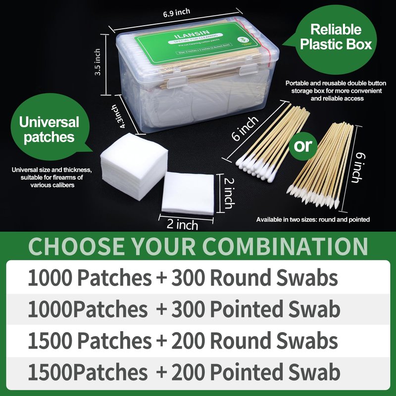 ILANSIN 1300PCS Gun Cleaning Kit - 1000PCS Patches + 300PCS Swabs, 2"x2" Rags, 6" Long Cotton Swabs for 9mm & All Calibers