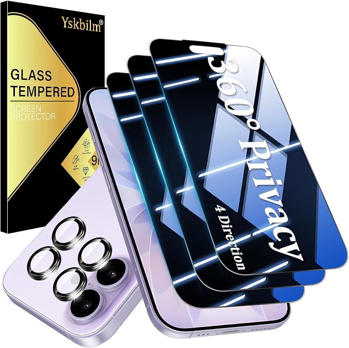 (3+2 Pack) 360° Privacy Screen Protector for iPhone 16 Pro Max 【4 Way Anti Spy】 + Camera Lens Protector9H Shatterproof Anti-PeepBubble-Free Case Friendly Easy Installation Frame Included