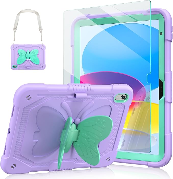 Ambison Kids Case for iPad A16 11th/10th Generation 11''/10.9'' Multicolor | 9H Tempered Glass Screen Protector Butterfly Stand Shoulder Strap Heavy DutyShockproof Pencil Holder