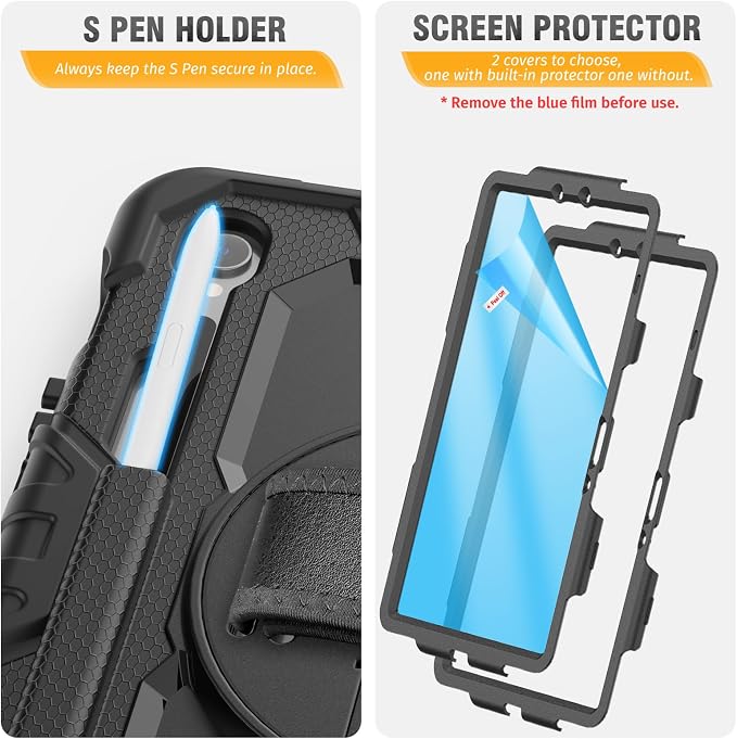 HXCASEAC Case for Samsung Galaxy Tab S6 Lite 10.4 inch Protective with Screen Protector/Hand Strap/S Pen Holder Shockproof S6 Lite Tablet Case 2024/2022/2020 SM-P610 SM-P613 SM-P620 - Black
