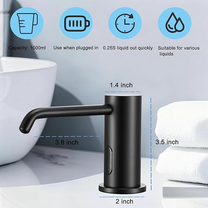 Automatic Soap Dispenser Touchless for Kitchen Bathroom Sink Built in Electric Soap Dispenser Infrared Sensors Liquid Commercial Dispenser with Bottle and Pump 33.81oz/1000ml (Black)