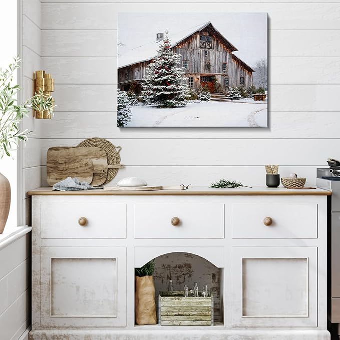 Rustic White Barn & Christmas Tree Winter Landscape Canvas Wall Art - Farmhouse Christmas Framed Canvas Prints, Rustic Christmas Wall Decor for Living Room, Cozy Christmas Gifts & Festive Decorations