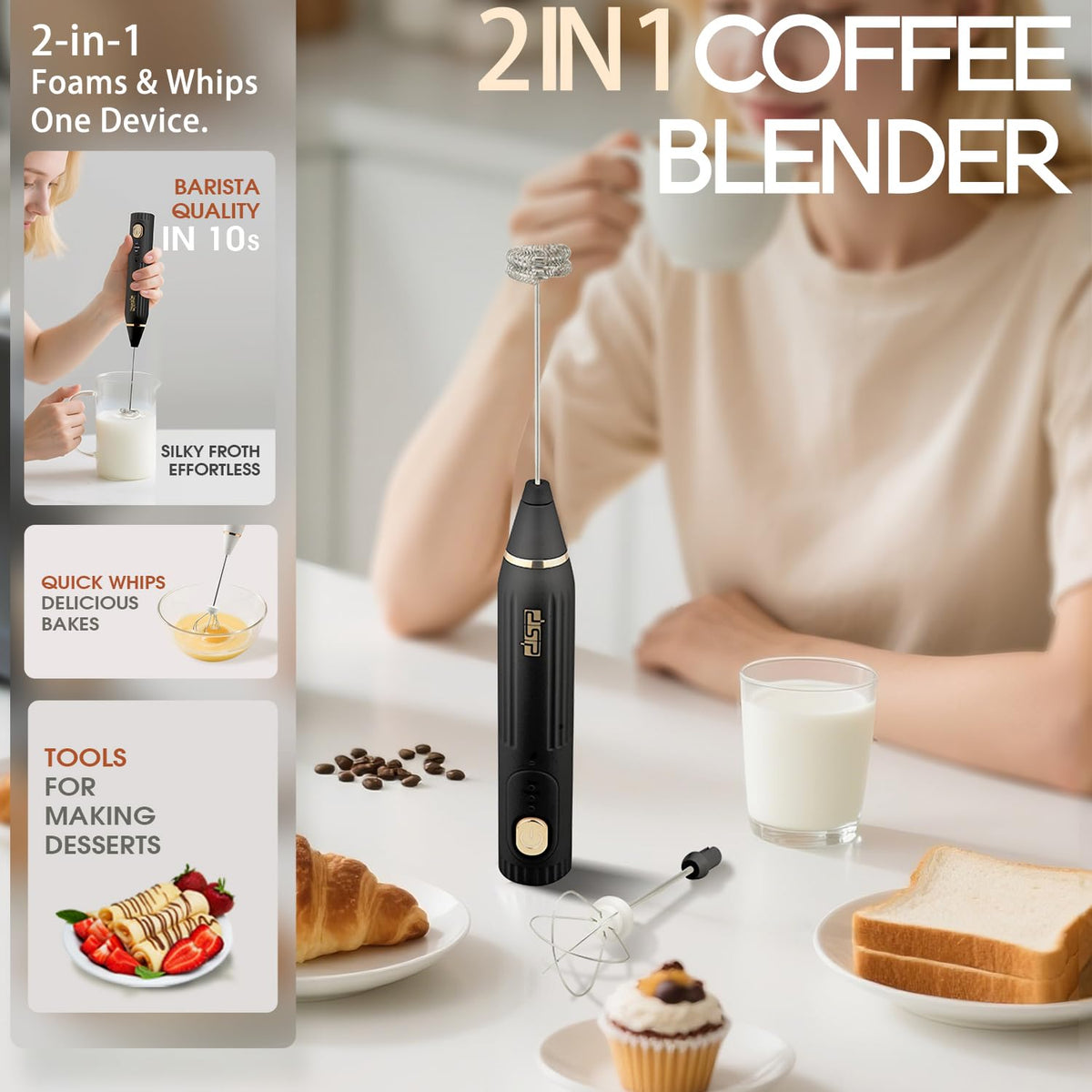 DSP Electric Whisk Rechargeable with Egg whisk milk frothing bar, 3 Speed Adjustable, Milk Frother Handheld for Latte, Cappuccino (Black)