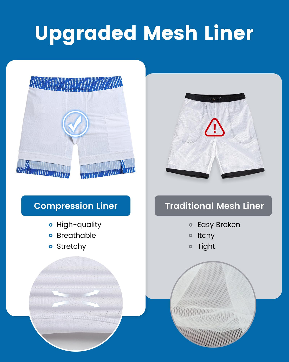maamgic Mens Swim Trunks with Compression Liner 7 Inch Inseam Mens Bathing Suit Quick Dry Swimming Trunks Swimsuit Geometric Stripes Blue and White Medium