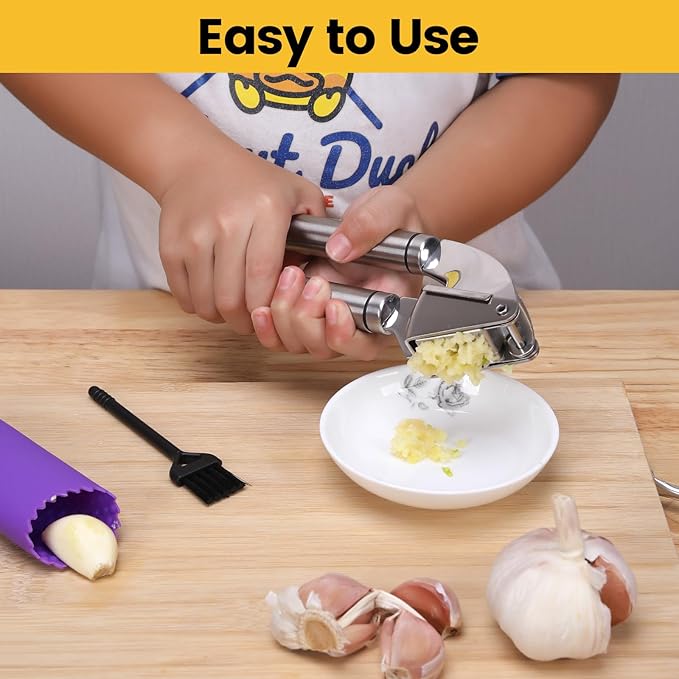 BURLIHOME Stainless Steel Garlic Press Mincer,Heavy-Duty,Purple Peeler Tube
