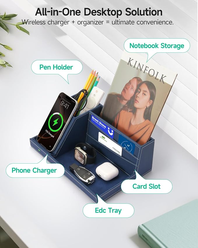 Fast Wireless Charging Station with Desk Organizer for iPhone 17/16/15/15 Pro/14/14 Pro Max/14 Pro/14 Plus/13/13 Pro Max/13 Pro/and iPhone 12/11 Series Nightstand Desktop Organizer for Home Office