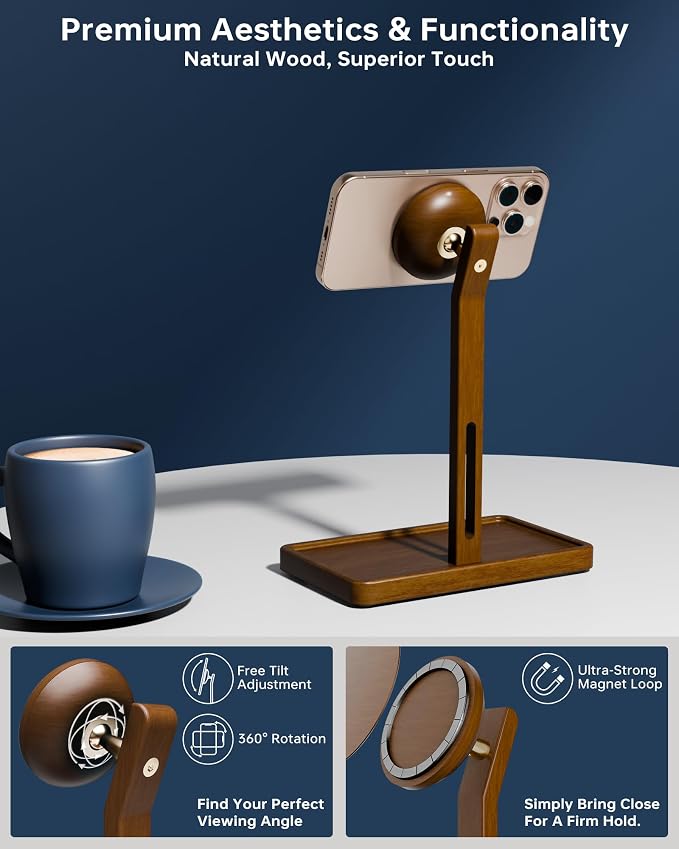 YEOUX Premium Magnetic Phone Holder for Desk | Solid Walnut Wood | 360° Free Adjustable | MagSafe Compatible for iPhone 17 16 15 14 Stylish Desk Accessory
