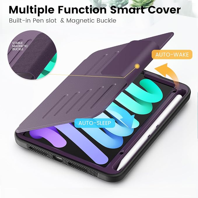 Case for iPad mini 7 (A17 Pro) 2024/ Mini 6 8.3'' with Pencil Holder Screen Protector [360 Rotating Hand Strap] &ampStand &ampShoulder Strap Shockproof Case for iPad mini 7th/6th Generation Purple
