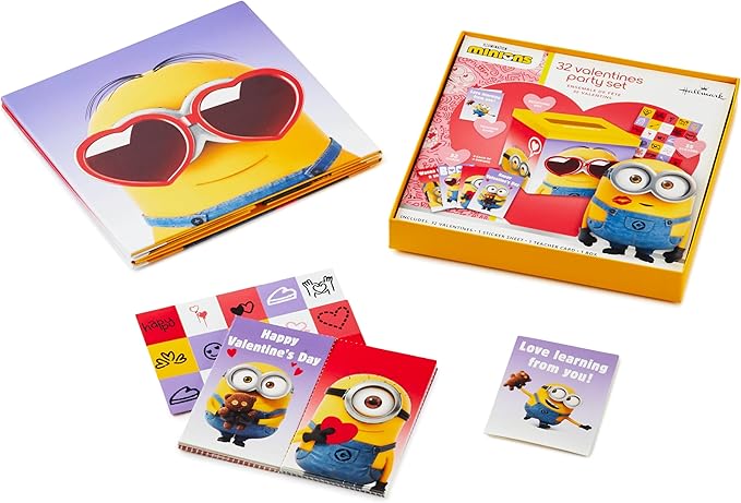 Hallmark Minions Valentines Day Cards and Mailbox for Kids School Classroom Exchange (1 Box, 32 Valentine Cards, 35 Stickers, 1 Teacher Card)