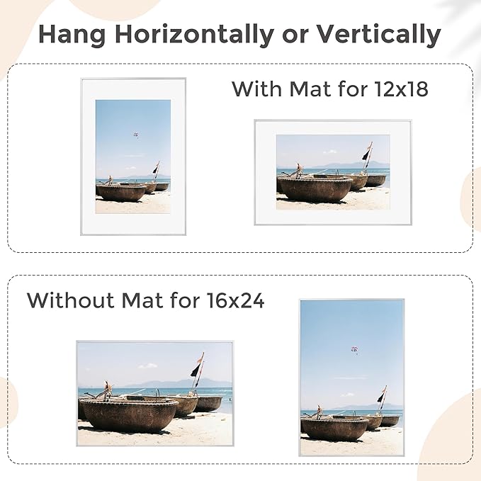 16x24 Metal Aluminum Picture Frame With Mat For 12x18 | Minimalist Modern Poster Frame With Tempered Glass | Hanging Hardware Included | Set of 2, Silver