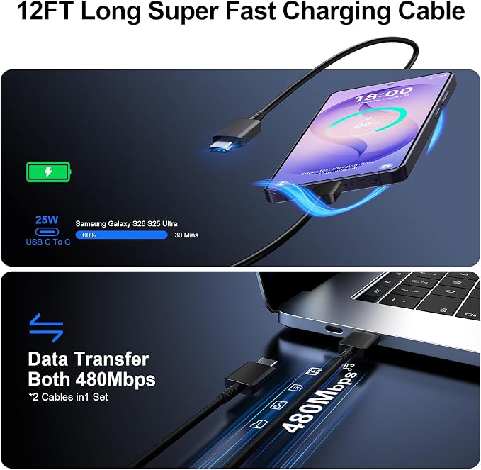 Super Fast Charger Type C 25W USB C Wall Charger Fast Charging for Samsung Galaxy S26 Ultra/S26/S26+/S25 Ultra/S25/24 Ultra/S24/S23 Ultra/S22 Ultra with 10FT Long Android Type C Charger Cable 2Pack