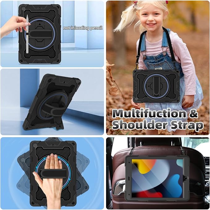 for iPad 9th 8th 7th Gen Case 10.2 inch with Screen Protector | 360° Rotating Kickstand Hand Strap Shoulder Strap Heavy Duty Military Grade - Kids Friendly