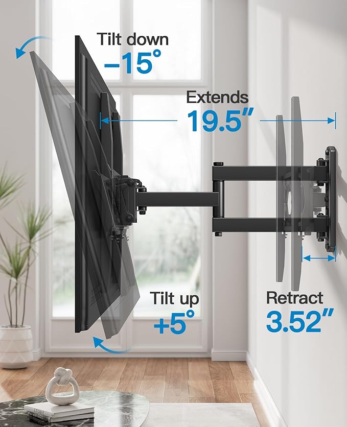 Pipishell Full Motion TV Wall Mount for 26-65 Inch Flat Curved TVs, Heavy Duty Single Articulating Arms, Corner TV Mount Up to VESA 400x400mm and 77lbs, Support Swivel, Tilt, Level Adjustment