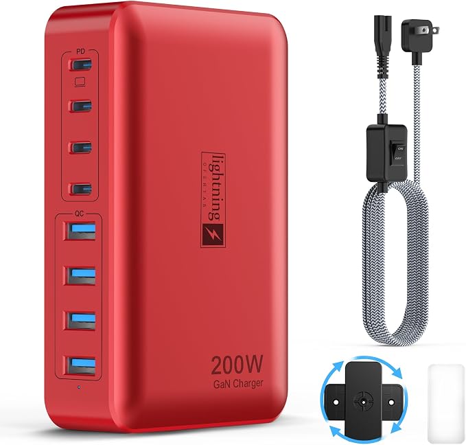 8-Port Multi Charging Stations 200W with Flat Plug Braided Power Cord and On/Off Switch- USB Charging Hub for iPhone iPad MacBook and More- 65W C Port Power Adapter for Laptops
