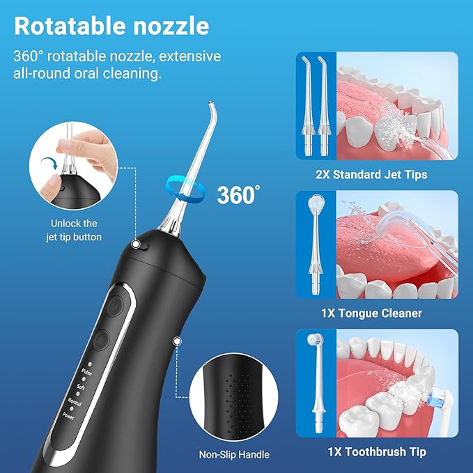 JNGOODS Cordless Water Dental Flosser Oral irrigator,JNGOODS 300ml Rechargeable Water flosser for Teeth IPX7 Waterproof 4 Modes Portable Oral Irrigator with 4 Jet Tips, Travel Home use