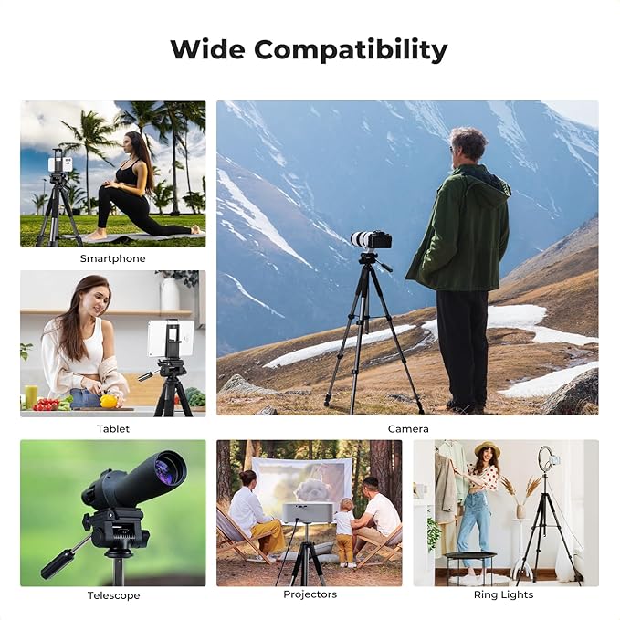 K&F CONCEPT Camera Tripod, 75" Lightweight Portable Travel Outdoor DSLR Tripods for Camera Phone Video Recording Tripod Stand, Cellphone Clip for Smartphone Live Streaming Vlog, Dark Grey