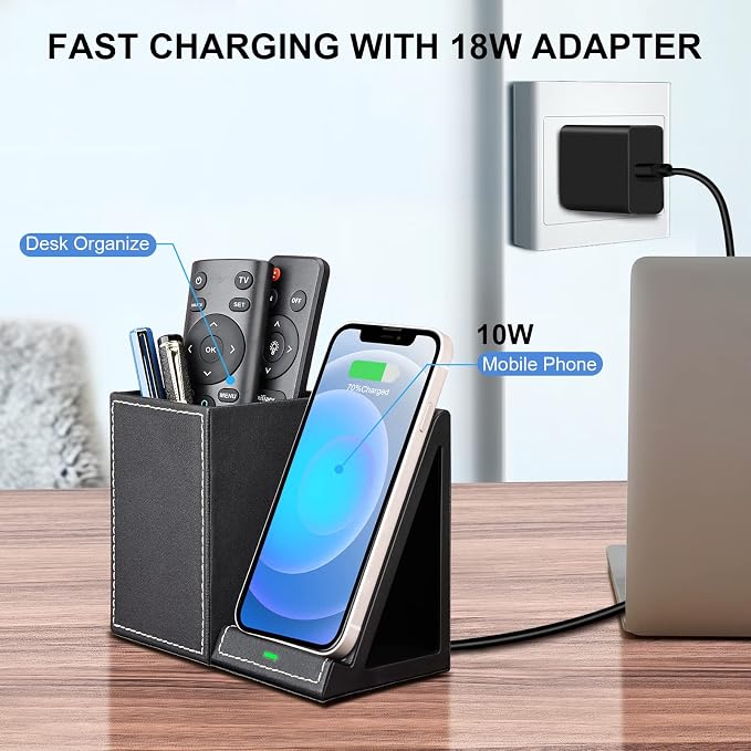 Wireless Charger with Desk Organizer Wireless Charging Station for iPhone 13/13 Pro Max/13 Pro/12 Series/11/XS Max/XR/X/8Plus/SE 2 Wireless Charging Stand with Leather… (Black)