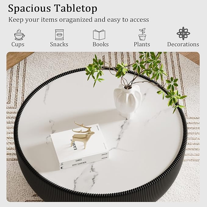 Round Coffee Table Set with Sintered Stone Tabletop, 27.56" Black Drum Center Table and 19.69" White Coffee Table Set, 2 Pieces Living Room Table Set with Fluted PU Leather Cover& Metal Base