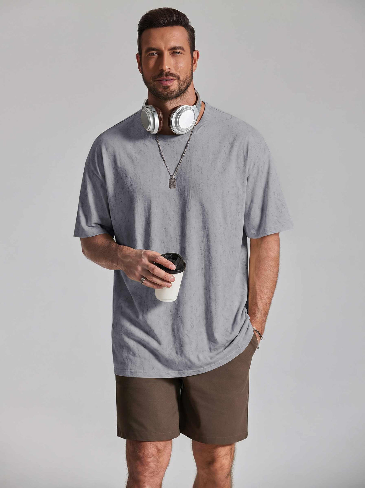 COOFANDY Mens T-Shirts Oversized Unisex Short Sleeves Cotton Tshirts Fashion Casual Loose Wash Solid Basic Tee Tops Light Grey