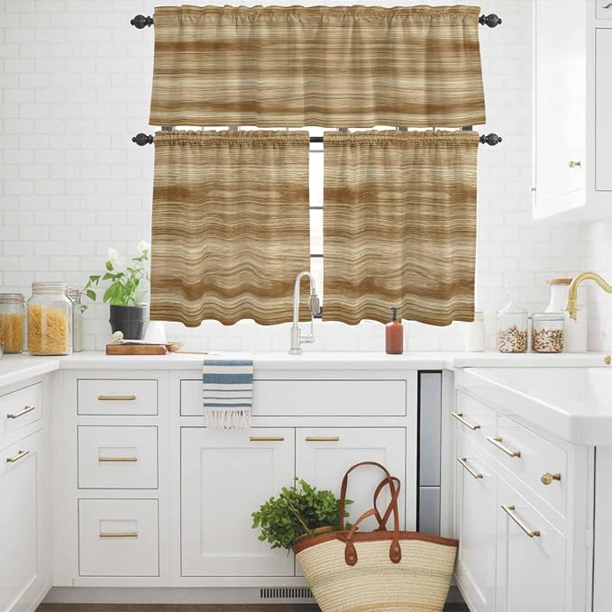 Kitchen Curtains Tiers and Valance Set of 3, Light Brown Wood Grain Light