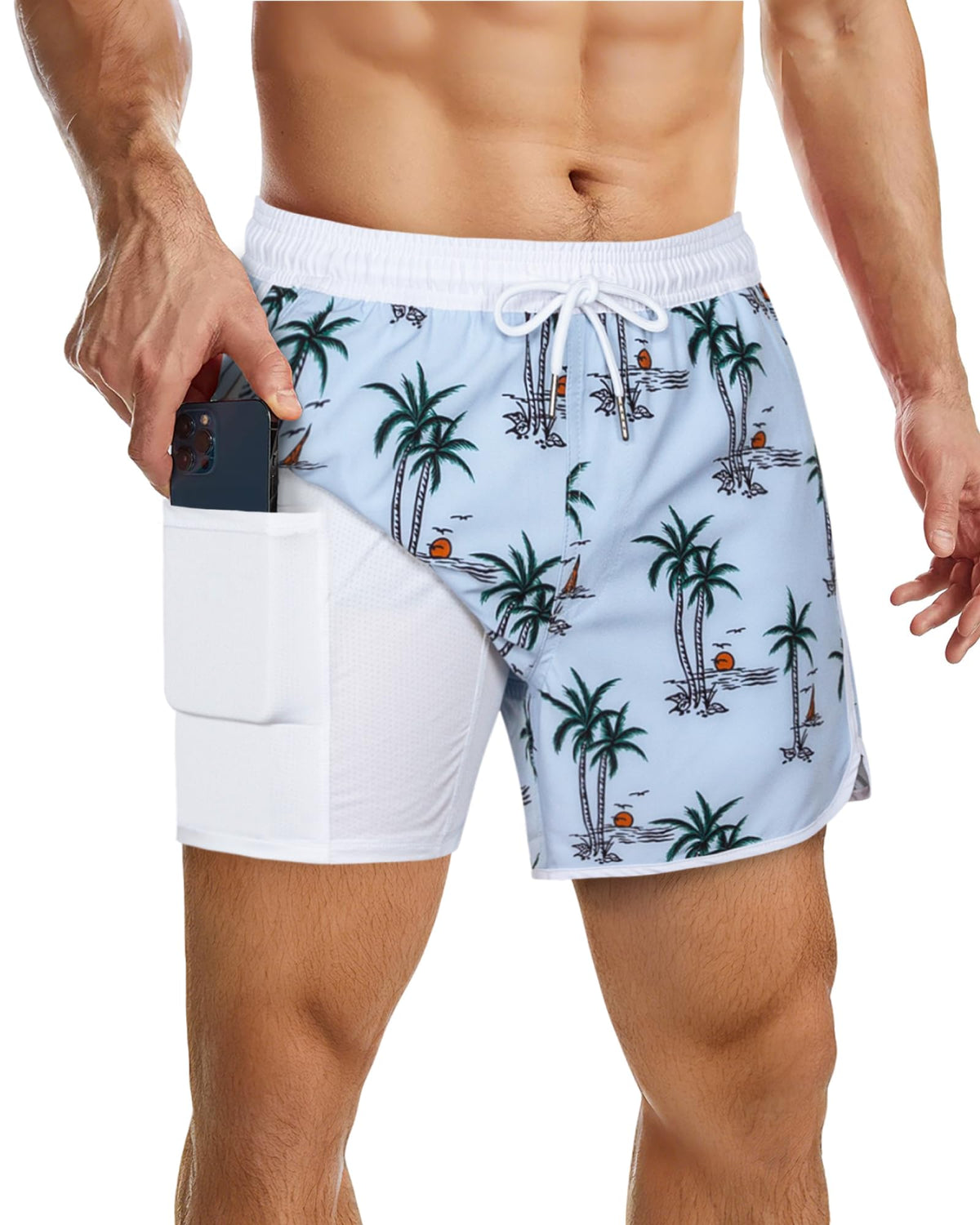 SURF CUZ Mens Swim Trunks with Compression Liner 5" Swimming Trunks 5 Inch Retro Swim Shorts with Zipper Pockets,Beach Sunrise,M