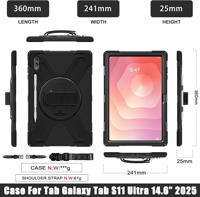Case for Galaxy Tab S10 FE+ 13.1 2025 with Screen Protector+360 Rotating Hand Strap&ampStand+Shoulder Strap (Black)