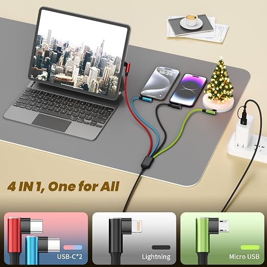 4 in 1 Multi Charging Cable 2 Pack 6FT Charging Cords for Devices | Nylon Braided USB C Car Charger Cable with Dual USB-C IP &amp Micro Ports Long Travel Charging Cord for Cars