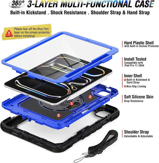 iPad Pro 11 Inch Case 2024 with Screen Protector Pen Holder | iPad Pro 11 5th Generation Case | Three Layer Shockproof Defender Protective Cover W/Stand Hand Strap for iPad A2836/A2837 | Black