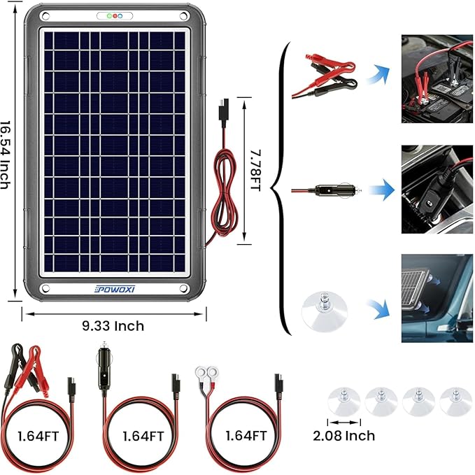 POWOXI 12V Solar Car Battery Charger: 12W Solar Trickle Charger Maintainer with MPPT Controller for Car - RV Boat Marine Motorcycle - Solar Panel Kit for Automotive Trailer Truck Snowmobile Tractor