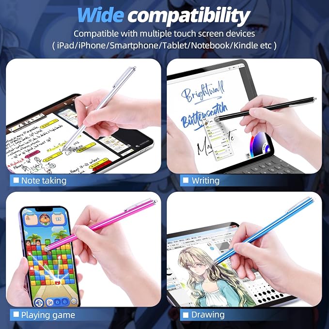 Extra Long Stylus pens for Touch Screens [5 Pack Fiber mesh Tips] Compatible for iPad iPhone Android Tablet Laptop Surface Chromebook High Sensitivity &amp Fine Point Capacitive Pen