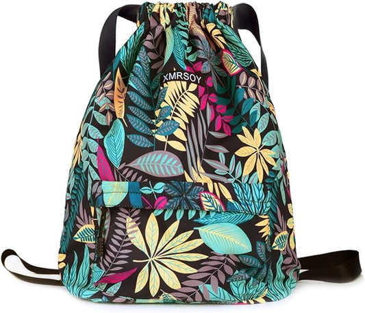 Gym Drawstring Backpack Water Resistant String Bag Nylon Cinch Sport Bag Leaf Sackpack