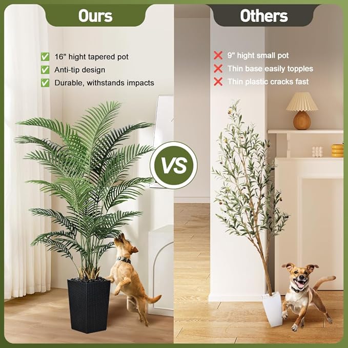 6FT Artificial Palm Tree - Tall Fake Tree with Black Taper Planter & Pebbles, UV Resistant for Indoor & Outdoor Decor - Large Potted Faux Plant for Living Room, Office, Home Decor,VN130