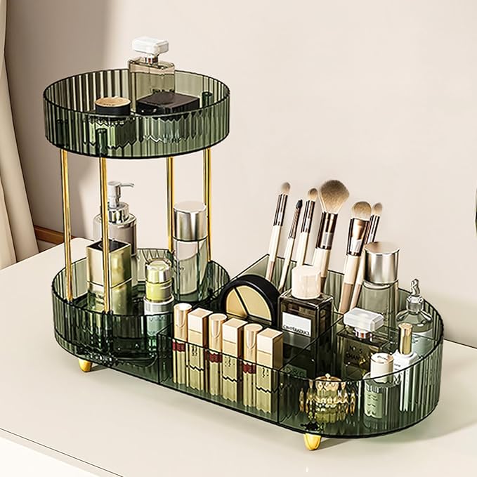 DASITON 360° Rotating Makeup Organizer for Vanity, 2 Tier Perfume Cosmetic Skincare Organizers with Makeup Brush Holder, Large Capacity Cosmetic Display Case for Bedroom Bathroom Countertop (Green)