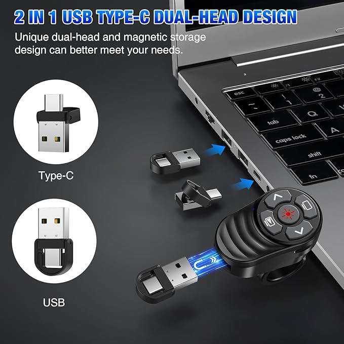 2 in 1 Presentation Clicker with Laser Pointer Finger Ring Clicker Rechargeable Presentation Clicker Long Distance PPT Clicker Remote Wireless Clicker Laser Pointer for Classroom Teacher Projector