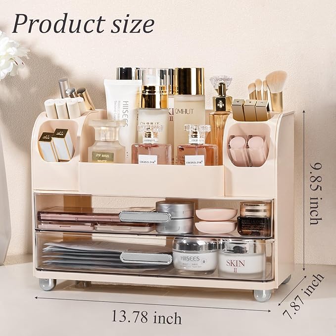 Anyoifax Makeup Organizer Countertop with Large Drawers, Vanity Organizer with Brush Holder, Skin Care Storage for Dresser, Perfume Organizer for Lotion, Lipsitck, Palette, Beige
