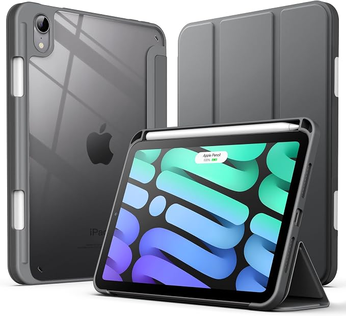 JETech Case Cover for iPad mini A17 Pro/6th Gen (2024/2021) Black | Clear Transparent Back Pencil Holder Slim Shockproof Protection Tri-Fold Stand Auto Wake/Sleep