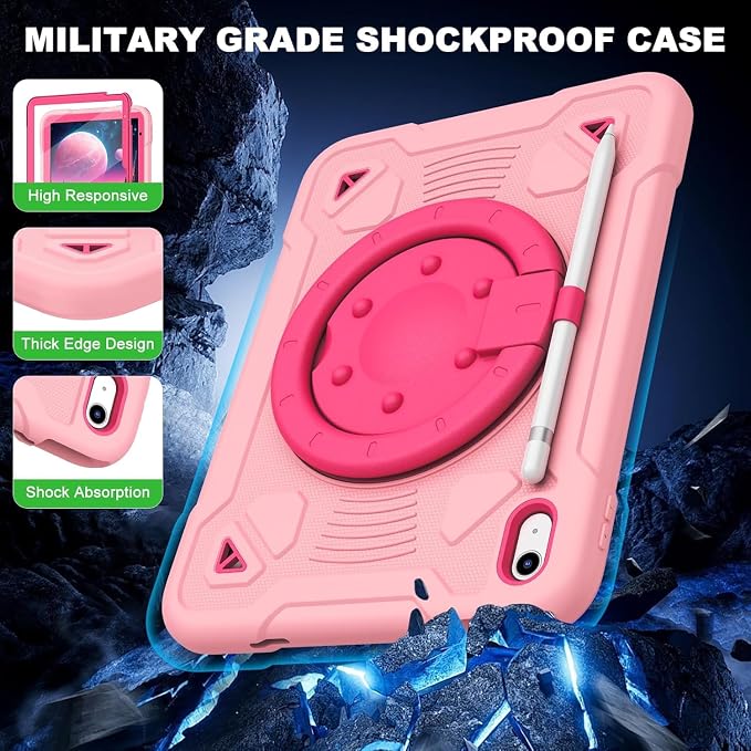 Case for iPad A16 11th / 10th Gen 10.9-Inch 360° Rotating Kickstand | Kids Shockproof Protective Cover with Handle Shoulder Strap &amp Pencil Holder Durable Silicone Case for Girls Black