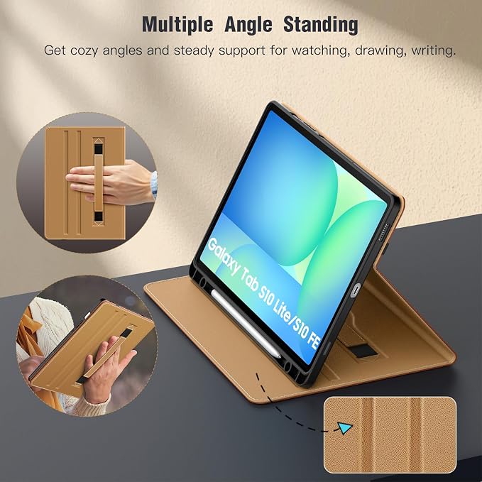 MoKo Case for Samsug Galaxy Tab S10 Lite/ S10 FE/ S9 FE/ S9 10.9/11 Inch | Built-in S Pen Holder Case for Samsung Tablet (2025/2023) PU Leather Hand Strap &amp Front Pocket Blue &amp Brown