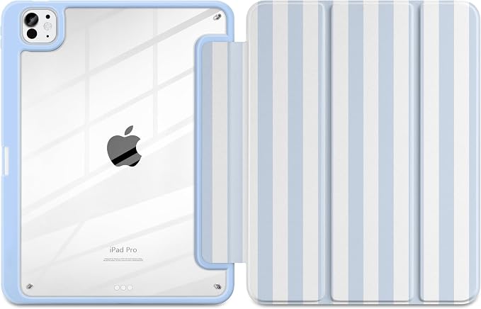 Case for iPad Pro 11 inch M5 2025 /M4 2024 Blue Ribbon Stripe | Blue Ribbon Stripe Folio Case with Clear Back Pencil Holder Trifold Stand and Auto Sleep/Wake for Preppy Aesthetic Users