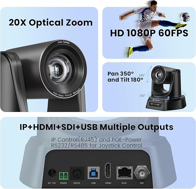 TONGVEO PTZ Camera 20X Optical Zoom HDMI IP Live Streaming SDI USB3.0 1080P 60fps PoE Supports for Church Services Worship Education Video Conference with OBS vMix Wirecast Zoom YouTube and More