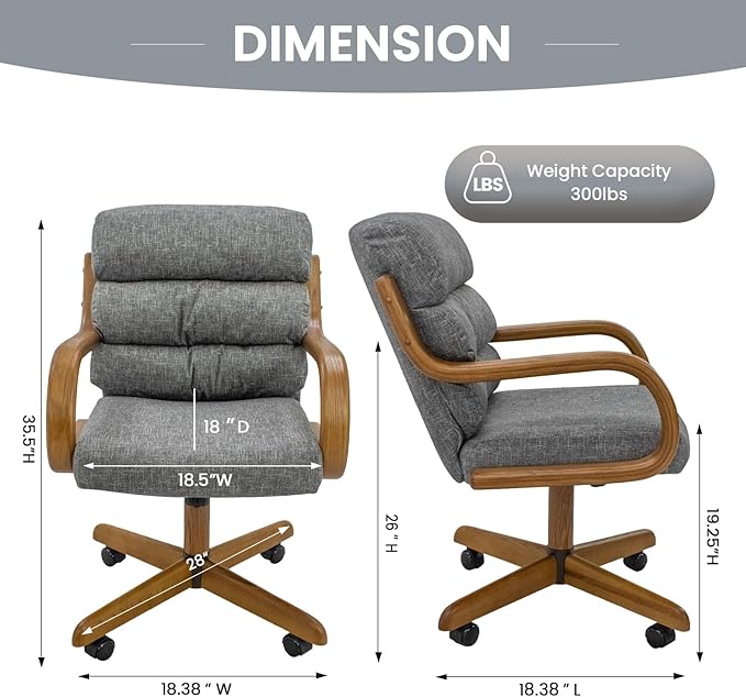 Chromcraft Douglas Set of 2 Casual Dining Chairs Classic Swivel Tilt Dinning Chairs with Casters, Wooden Arm Metal Pedestal Base Chairs with Rolling Wheels for Kitchen & Dining Room