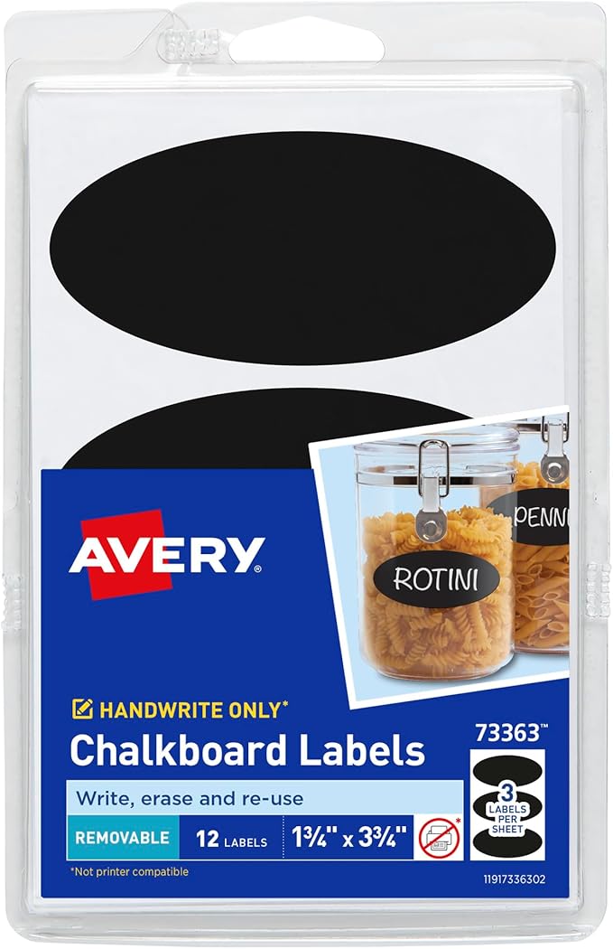 Avery Chalkboard Labels, 1.75" x 3.75" Oval Labels, Black, Non-Printable, 12 Total (73363)