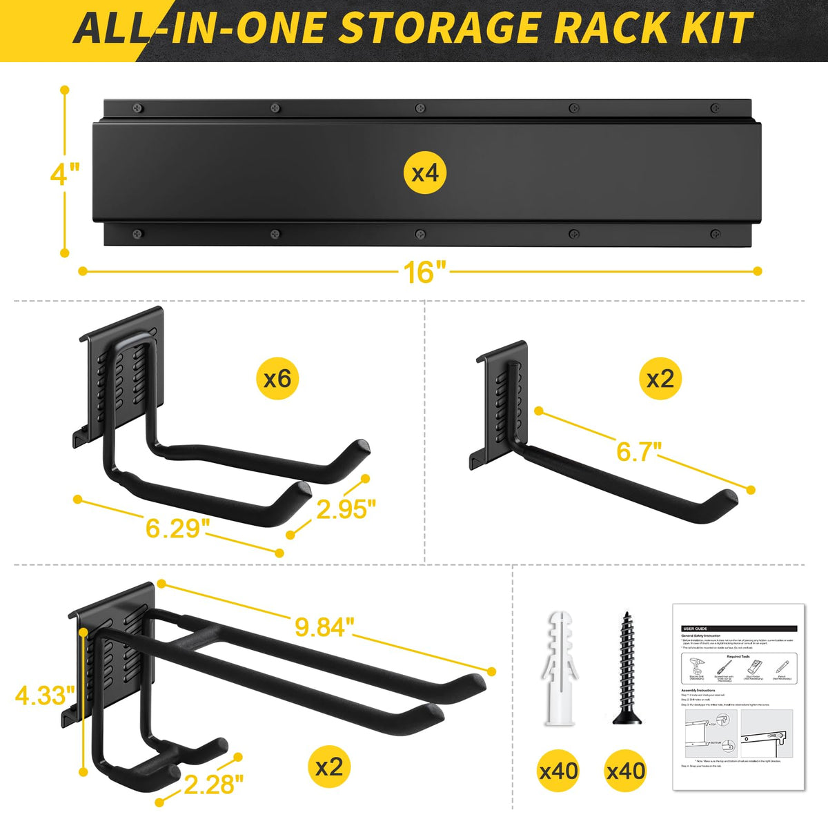 64 Inches Garage Storage, UUP Garage Organization Wall Mount Garden Tool Organizer, 620lbs Adjustable Metal Hooks, Yard Shed Rail Rack, Lawn Tool Holder for Hanging Rake Broom Mop Snowboard, Home Gift